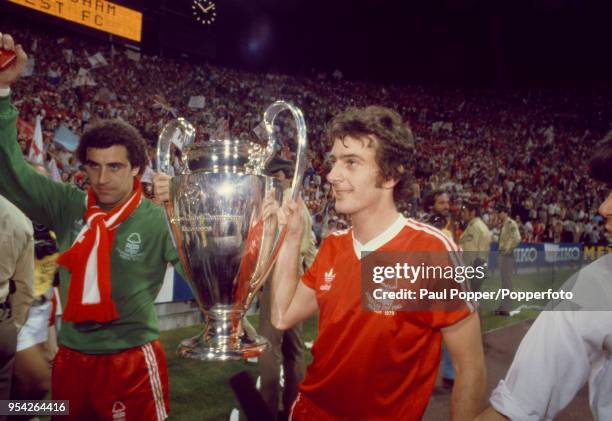 Peter Shilton and Trevor Francis of Nottingham Forest celebrate with the trophy after the European Cup Final between Nottingham Forest and Malmö FF...