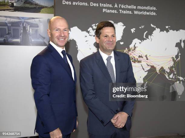 Alain Bellemare, president and chief executive officer of Bombardier Inc., left, and Pierre Beaudoin, chairman of the board at Bombardier Inc., stand...