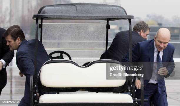 Alain Bellemare, president and chief executive officer of Bombardier Inc., right, and Pierre Beaudoin, chairman of the board at Bombardier Inc.,...