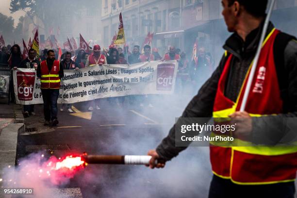 Demonstration of railway workers, students and members of the public service against government reforms in Lyon, France, May 3, 2018. Protesters...