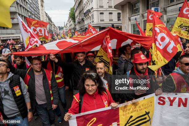 Demonstration of railway workers, students and members of the public service against government reforms in Lyon, France, May 3, 2018. Protesters...