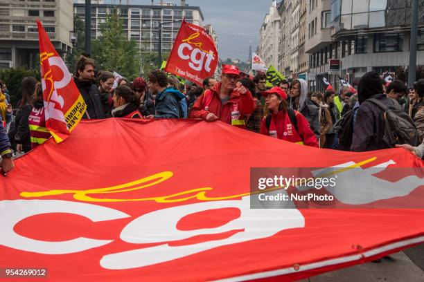 Demonstration of railway workers, students and members of the public service against government reforms in Lyon, France, May 3, 2018. Protesters...