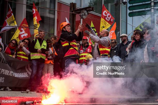 Demonstration of railway workers, students and members of the public service against government reforms in Lyon, France, May 3, 2018. Protesters...