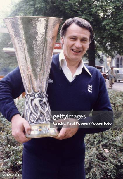 Ipswich Town manager Bobby Robson with the UEFA Cup the day after winning the 2nd leg of the final against AZ' 67 on May 21, 1981 in Amsterdam,...