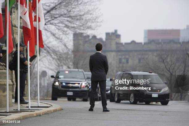 Justin Trudeau, Canada's prime minister, waits to greet Antonio Costa, Portugal's prime minister, not pictured, on Parliament Hill in Ottawa,...