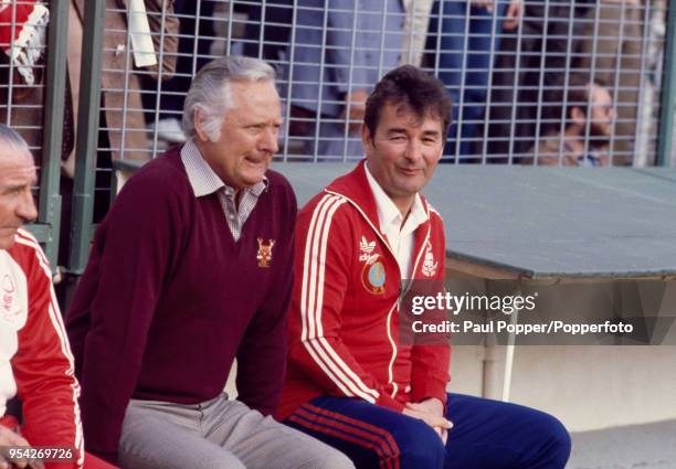 Nottingham Forest manager Brian Clough in the dugout with his assistant Peter Taylor before the European Cup Final between Nottingham Forest and...