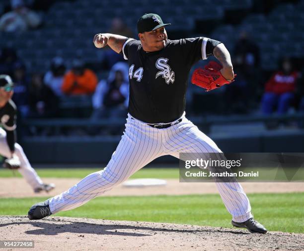 Bruce Rondon of the Chicago White Sox pitches against the Seattle Mariners at Guaranteed Rate Field on April 25, 2018 in Chicago, Illinois. The...