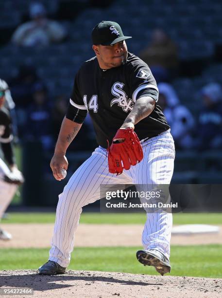 Bruce Rondon of the Chicago White Sox pitches against the Seattle Mariners at Guaranteed Rate Field on April 25, 2018 in Chicago, Illinois. The...