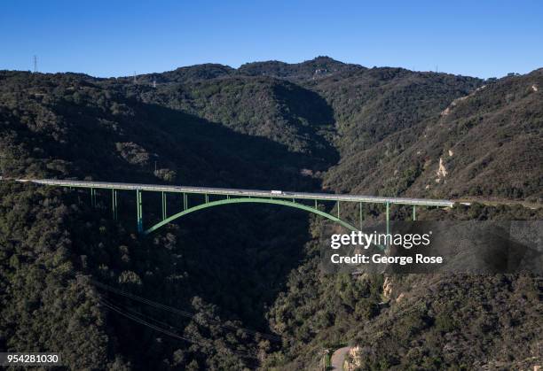 The Cold Spring Canyon Arch Bridge on Highway 154 is viewed in this aerial photo taken on March 27 near Santa Ynez, California. Because of its close...