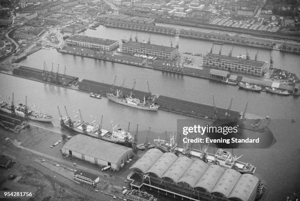 Aerial view of London Docklands, UK, 25th November 1977.
