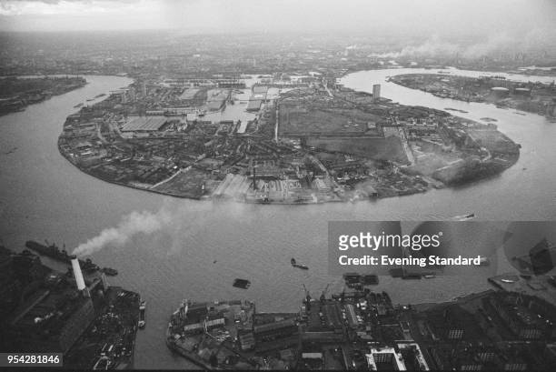 Aerial View of London Docklands, UK, 25th November 1977.
