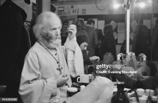 English actor Griffith Jones , stalwart of the Royal Shakespeare Company, getting ready for 'Pillars of the Community' play, in a dressing room at...