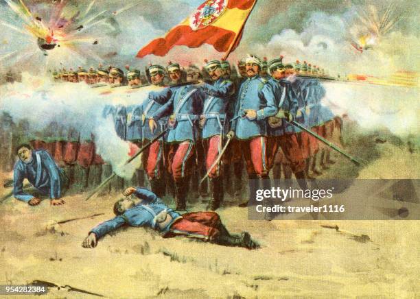 ilustraciones, imágenes clip art, dibujos animados e iconos de stock de última batalla durante la guerra hispanoamericana - guerra españa