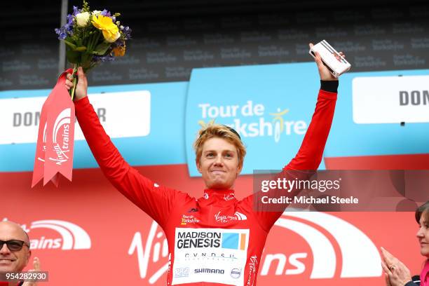 Podium / Michael Cuming of Great Britain and Team Madison Genesis / Red Mountain Jersey / Celebration / Flowers / during the 4th Tour of Yorkshire...