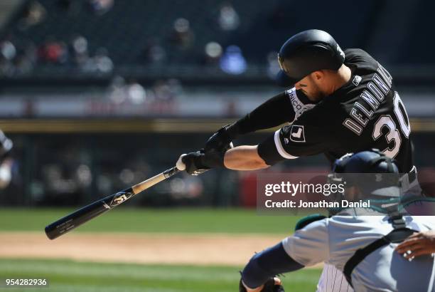 Nicky Delmonico of the Chicago White Sox bats against the Seattle Mariners at Guaranteed Rate Field on April 25, 2018 in Chicago, Illinois. The...