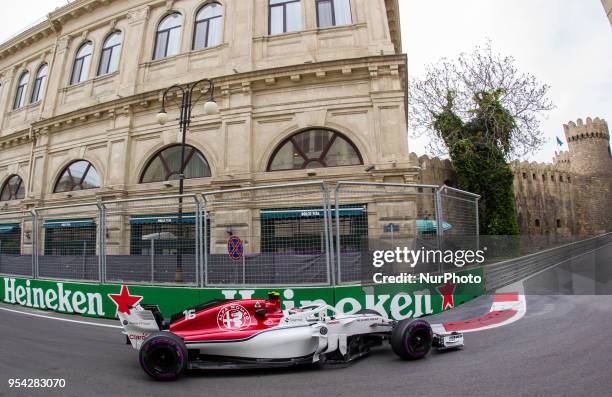 Charles Leclerc of Monte-Carlo and Alfa Romeo Sauber F1 Team driver goes during the practice session at Azerbaijan Formula 1 Grand Prix on Apr 27,...