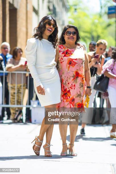 Priyanka Chopra is seen wearing an Isabel Marant dress, Off White shoes with a Jacquemus handbag with her mother Madhu Chopra in the Upper West Side...