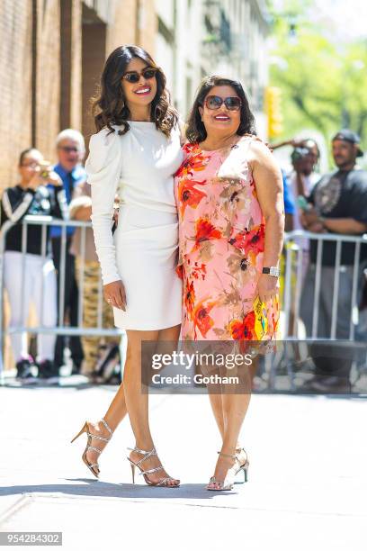 Priyanka Chopra is seen wearing an Isabel Marant dress, Off White shoes with a Jacquemus handbag with her mother Madhu Chopra in the Upper West Side...