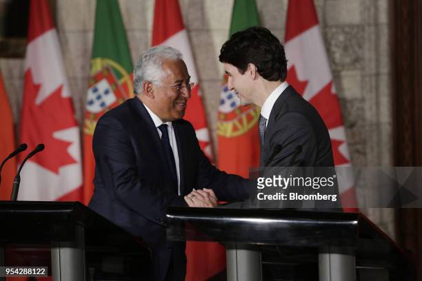 Justin Trudeau, Canada's prime minister, right, and Antonio Costa, Portugal's prime minister, shake hands after a joint press conference on...