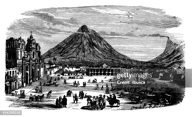 antique engraving illustration: guatemala la antigua - antigua western guatemala stock illustrations