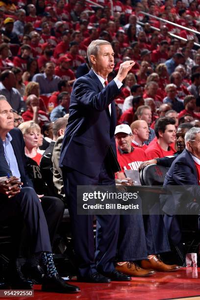 Associate head coach Jeff Bzdelik of the Houston Rockets coaches in Game Two of Round Two of the 2018 NBA Playoffs on May 2, 2018 at the Toyota...