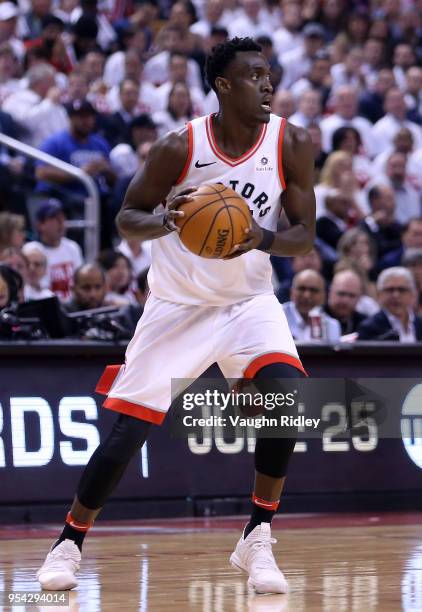 Pascal Siakam of the Toronto Raptors dribbles the ball in the first half of Game One of the Eastern Conference Semifinals against the Cleveland...