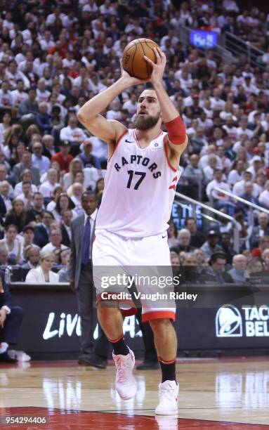 Jonas Valanciunas of the Toronto Raptors shoots the ball in the first half of Game One of the Eastern Conference Semifinals against the Cleveland...