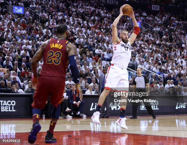 Jonas Valanciunas of the Toronto Raptors catches a pass in the first half of Game One of the Eastern Conference Semifinals against the Cleveland...