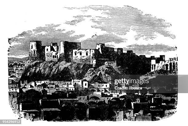 antique engraving illustration: citadel, herat - herat stock illustrations