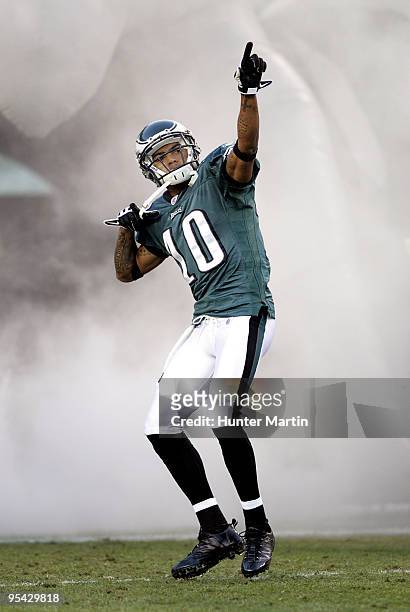 Wide receiver DeSean Jackson of the Philadelphia Eagles runs onto the field during player introductions before a game against the Denver Broncos on...