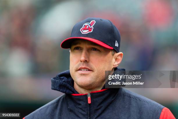 Relief pitcher Matt Belisle of the Cleveland Indians on the field prior to the game against the Seattle Mariners at Progressive Field on April 28,...