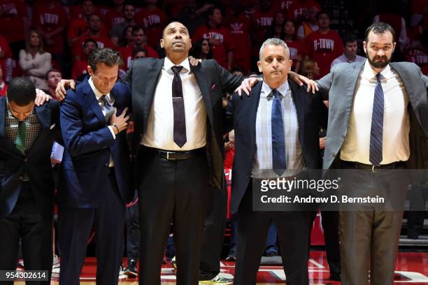 Head Coach Quin Snyder Assistant Coach Igor Kokoskov Assistant Coach Alex Jensen of the Utah Jazz stand for the national anthem prior to Game Two of...