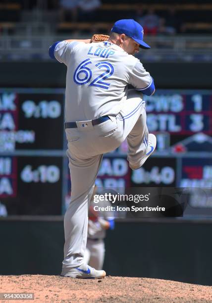 Toronto Blue Jays Pitcher Aaron Loup delivers a pitch during a MLB game between the Minnesota Twins and Toronto Blue Jays on May 2, 2018 at Target...