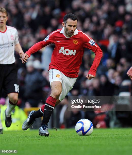 Ryan Giggs of Manchester United in action during the FA Cup sponsored by Eon 3rd round match between Manchester United and Liverpool at Old Trafford...