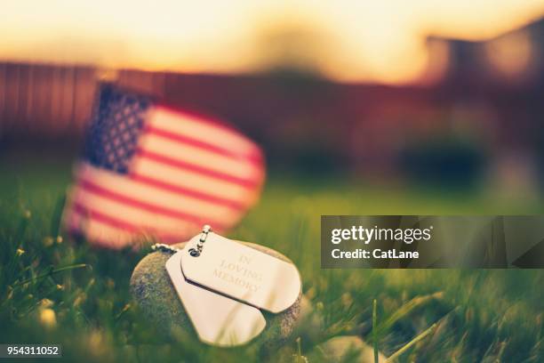 bandera de memorial day y etiquetas de perro en sol de noche - feriados en memoria de la guerra fotografías e imágenes de stock