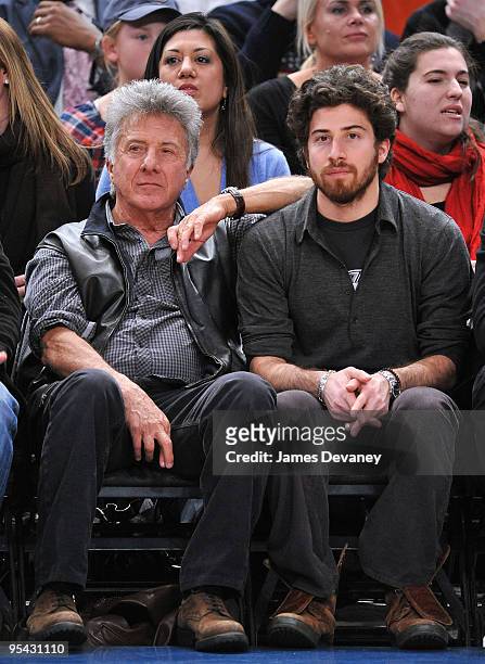 Dustin Hoffman and son Jake Hoffman attend the Chicago Bulls vs New York Knicks game at Madison Square Garden on December 22, 2009 in New York City.