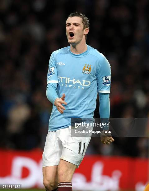 Adam Johnson of Manchester City reacts during the Barclays Premier League match between Manchester City and Wolverhampton Wanderers at the City of...