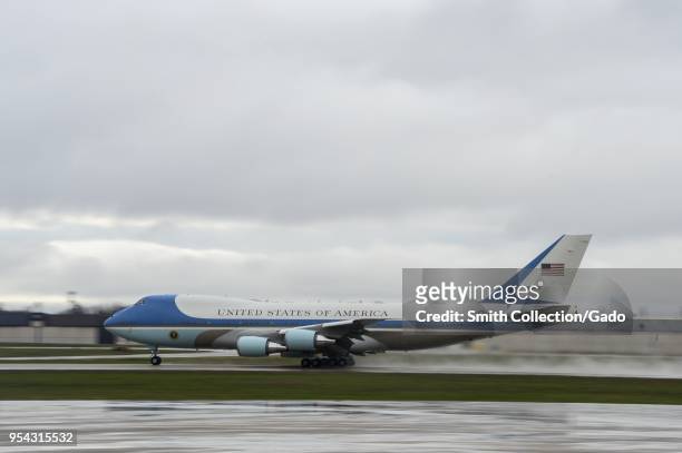Air Force One taking off from Joint Base Andrews, Maryland with President of the United States Donald J Trump on board, April 16, 2018. Image...