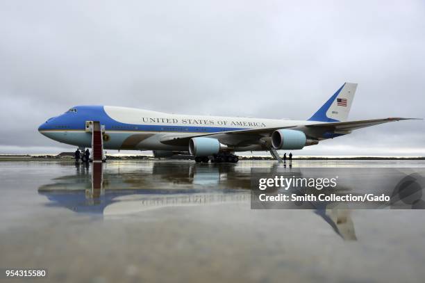 Air Force One is prepped for departure just outside of the 89th Airlift Wing Passenger Terminal on Joint Base Andrews, Maryland, April 16, 2018....