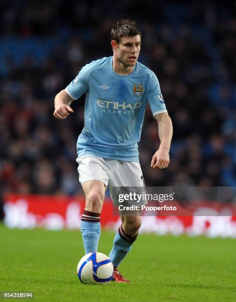 James Milner of Manchester City in action during the FA Cup sponsored by E.On 3rd Round Replay match between Manchester City and Leicester City at...