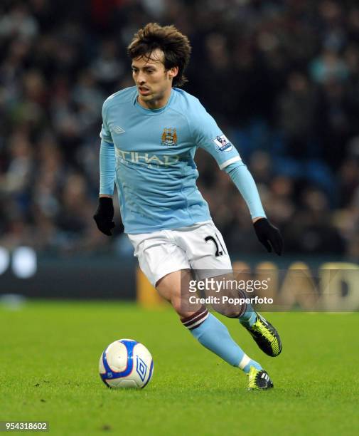 David Silva of Manchester City in action during the FA Cup sponsored by E.On 3rd Round Replay match between Manchester City and Leicester City at the...
