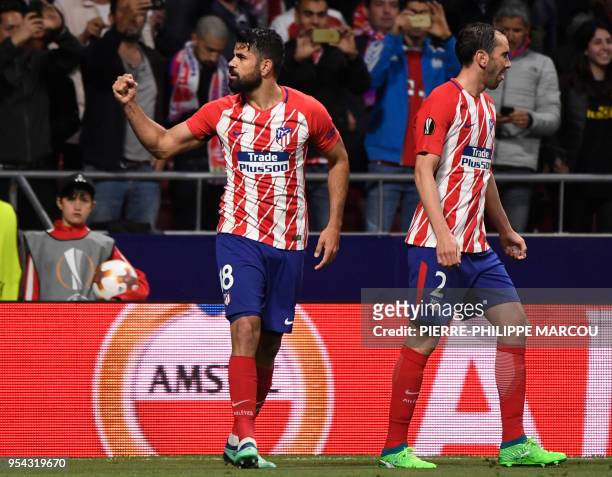 Atletico Madrid's Spanish forward Diego Costa celebrates a goal during the UEFA Europa League semi-final second leg football match between Club...