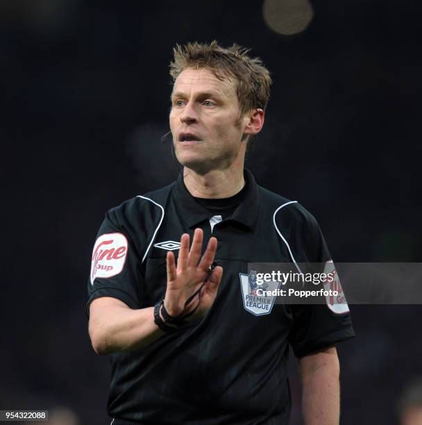 Referee Michael Jones during the Barclays Premier League match between Manchester United and Birmingham City at Old Trafford on January 22, 2011 in...