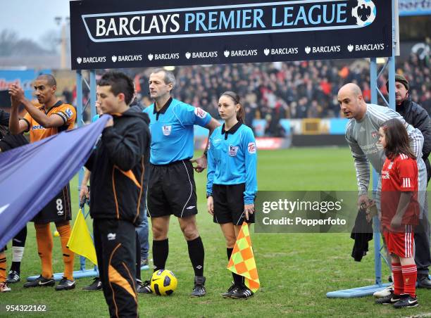 Assistant referee Sian Massey ahead of the Barclays Premier League match between Wolverhampton Wanderers and Liverpool at Molineux on January 22,...