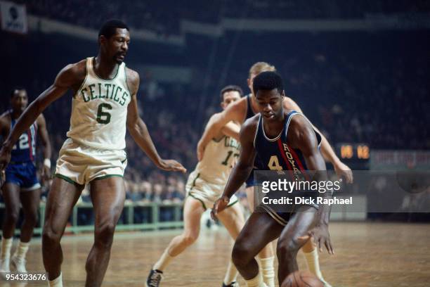 Oscar Robertson of the Cincinnati Royals handles the ball against the Boston Celtics circa 1968 at the Boston Garden in Boston, Massachusetts. NOTE...