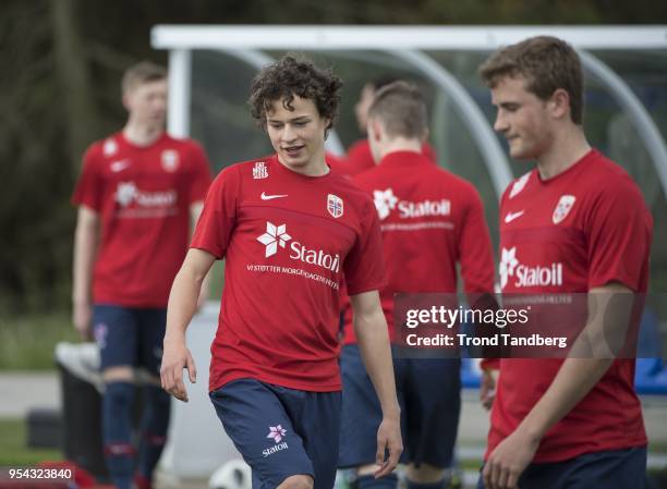 Leo Cornic and Martin Helmer Rusten of Norway during U17 training before Portugal v Norway EM 2018 at St Georges Park on May 3, 2018 in...