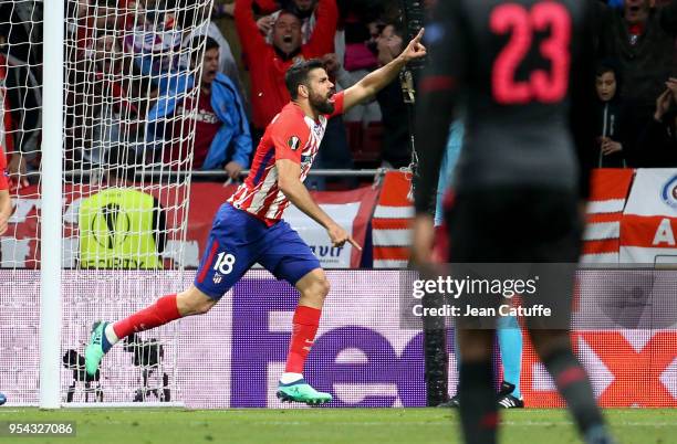 Diego Costa of Atletico Madrid celebrates his goal during the UEFA Europa League Semi Final second leg match between Atletico Madrid and Arsenal FC...