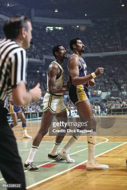 Bill Russell of the Boston Celtics defends Wilt Chamberlain of the Los Angeles Lakers circa 1968 at the Boston Garden in Boston, Massachusetts. NOTE...