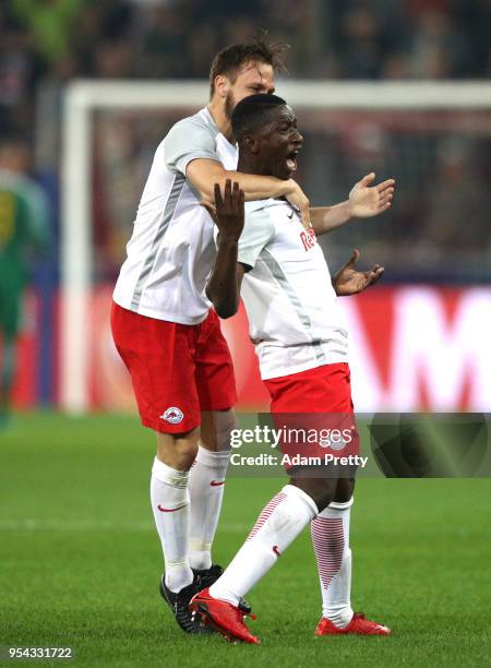 Amadou Haidara of Red Bull Salzburg celebrates scoring the first goal during the UEFA Europa Semi Final Second leg match between FC Red Bull Salzburg...