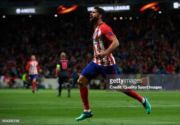 Diego Costa of Atletico de Madrid celebrates after scoring his sides first goal during the UEFA Europa League Semi Final second leg match between...